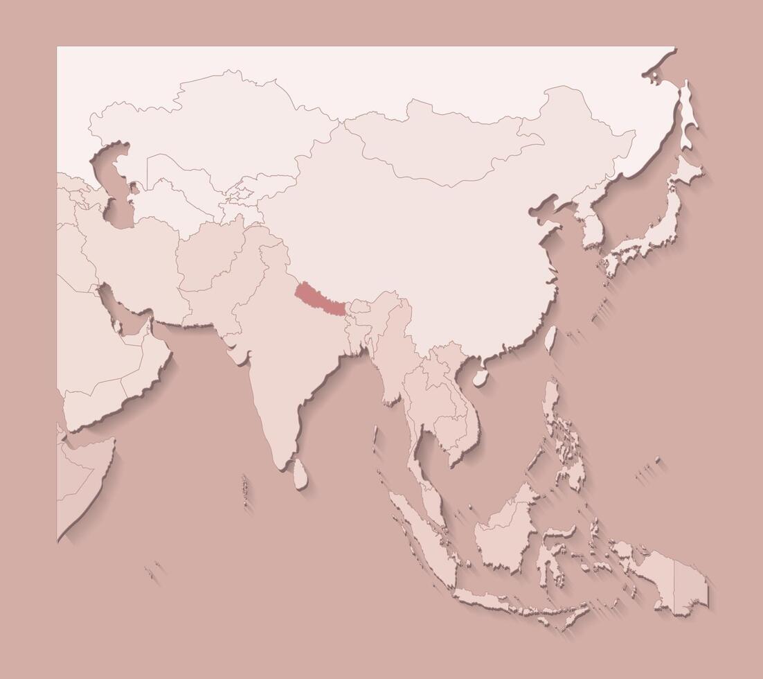 illustration with asian areas with borders of states and marked country Nepal. Political map in brown colors with regions. Beige background vector