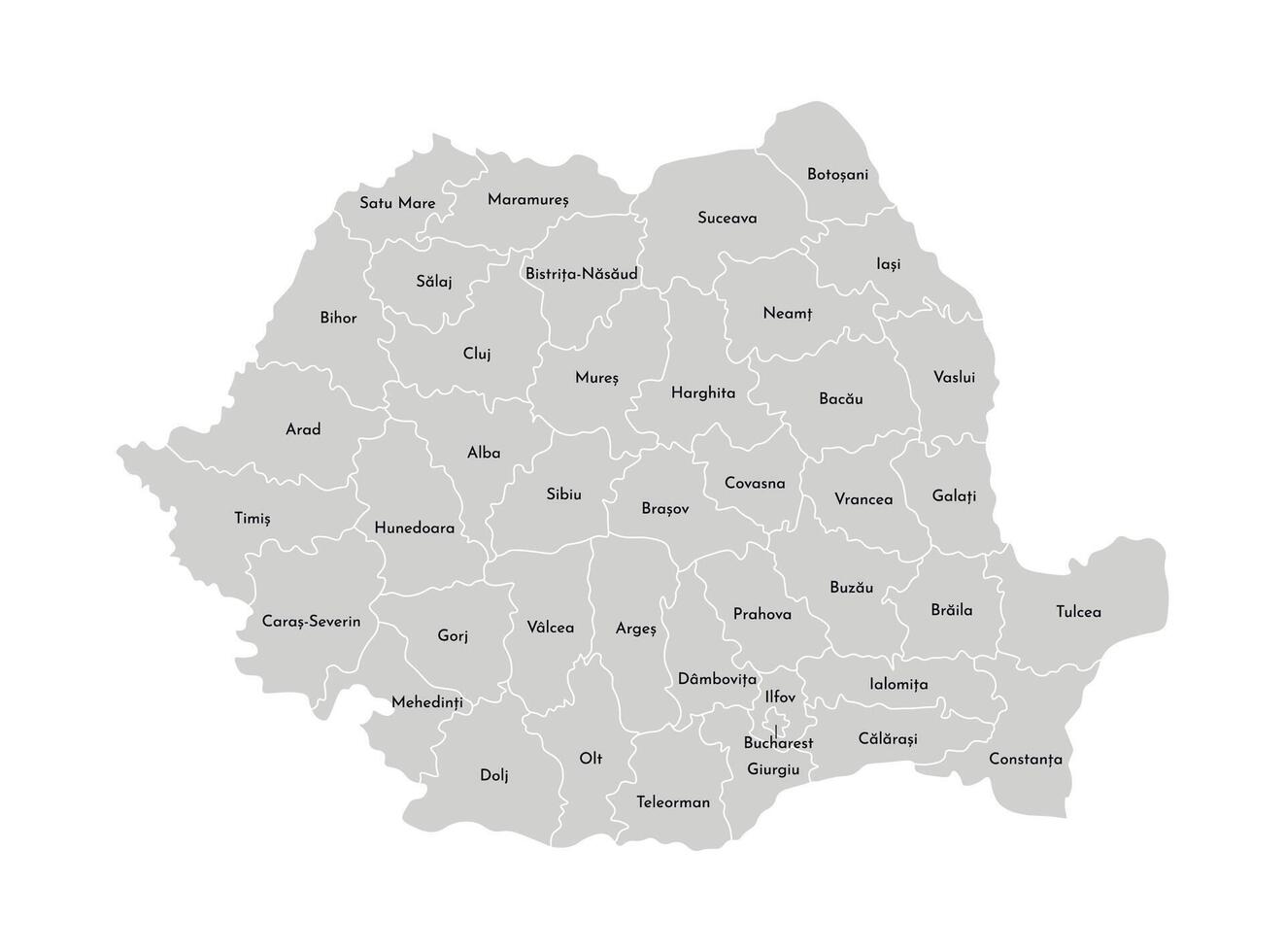 isolated illustration of simplified administrative map of Romania. Borders and names of the counties, regions. Grey silhouettes. White outline. vector
