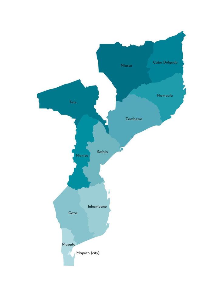 isolated illustration of simplified administrative map of Mozambique. Borders of the provinces, regions. Colorful blue khaki silhouettes vector