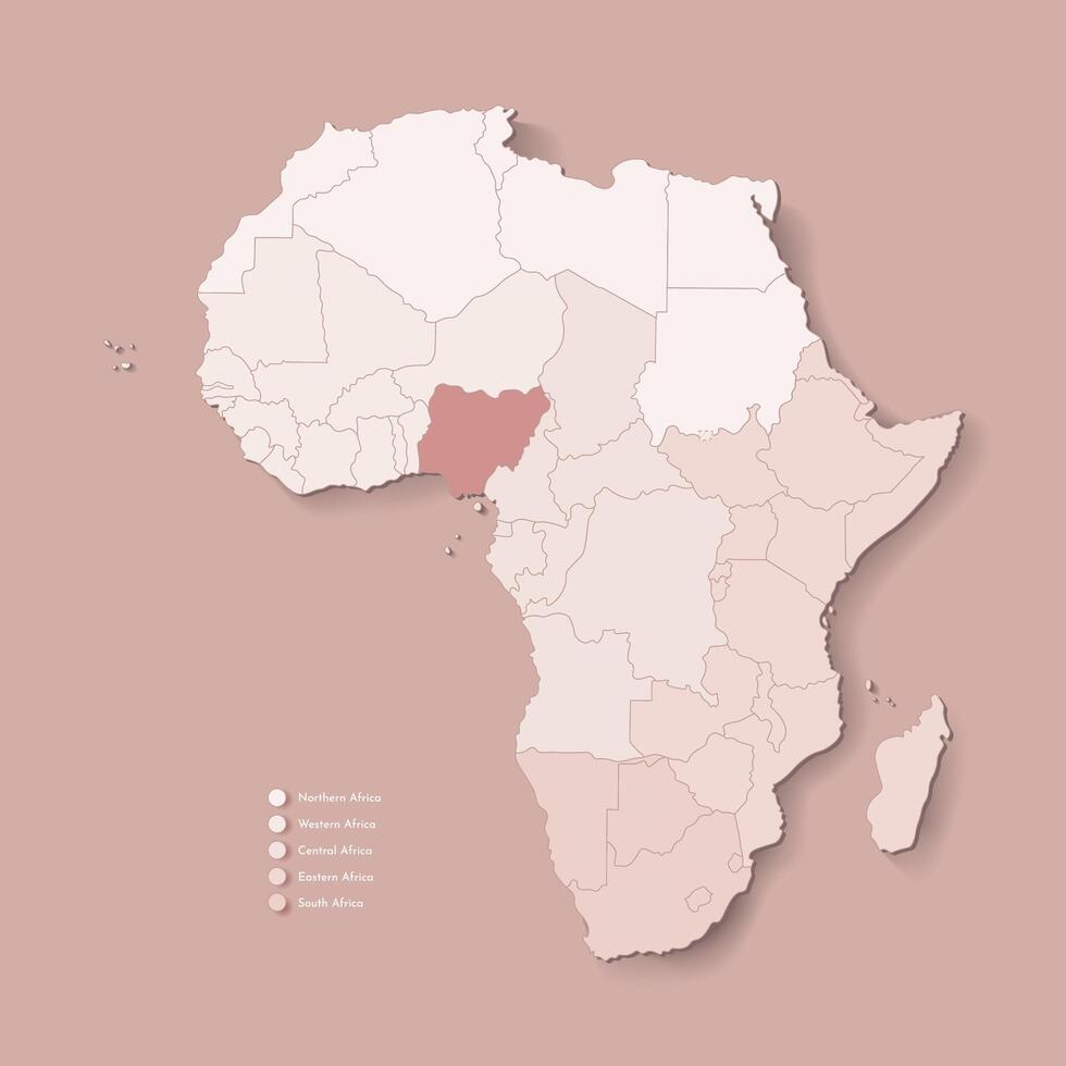 Illustration with African continent with borders of all states and marked country Nigeria. Political map in brown colors with western, south and etc regions. Beige background vector