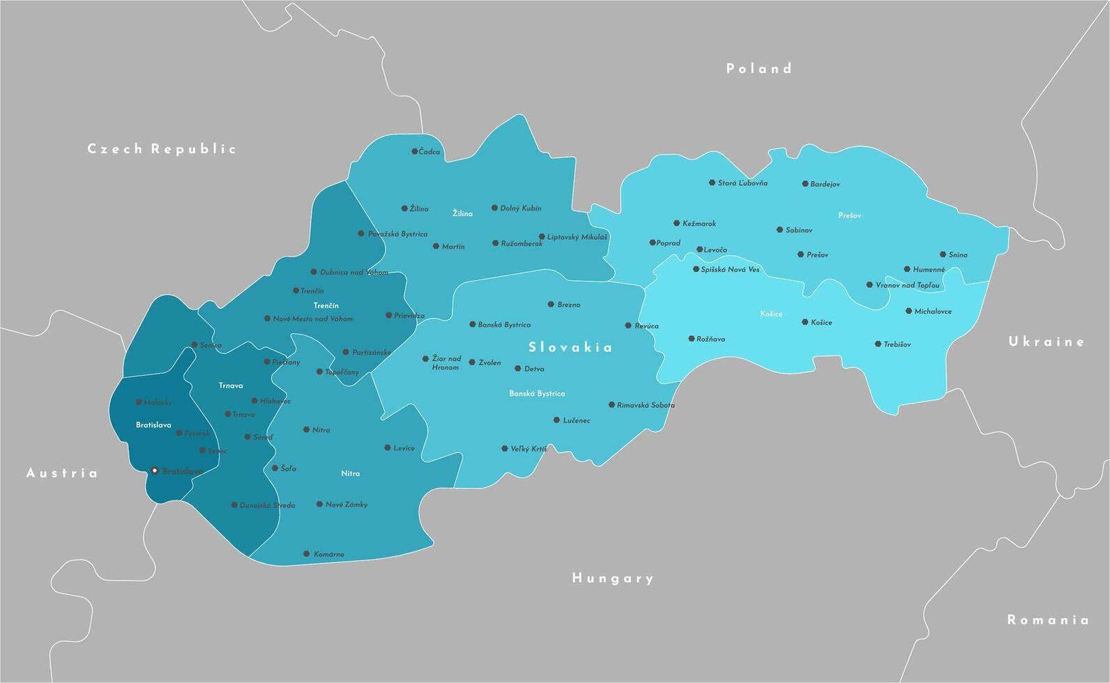 modern illustration. Simplified administrative map of Slovakia. Border with nearest states as Hungary, Poland and etc. Names of cities and regions vector