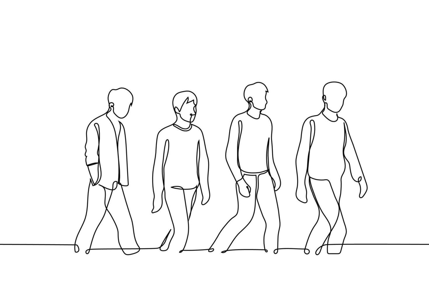 group of young men students walk in the same direction separately - one line drawing . concept quartet of friends go together vector