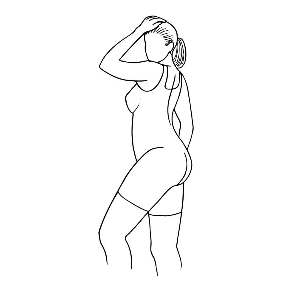 plus size woman standing posing in lingerie or one piece swimsuit - hand drawn line sketch vector