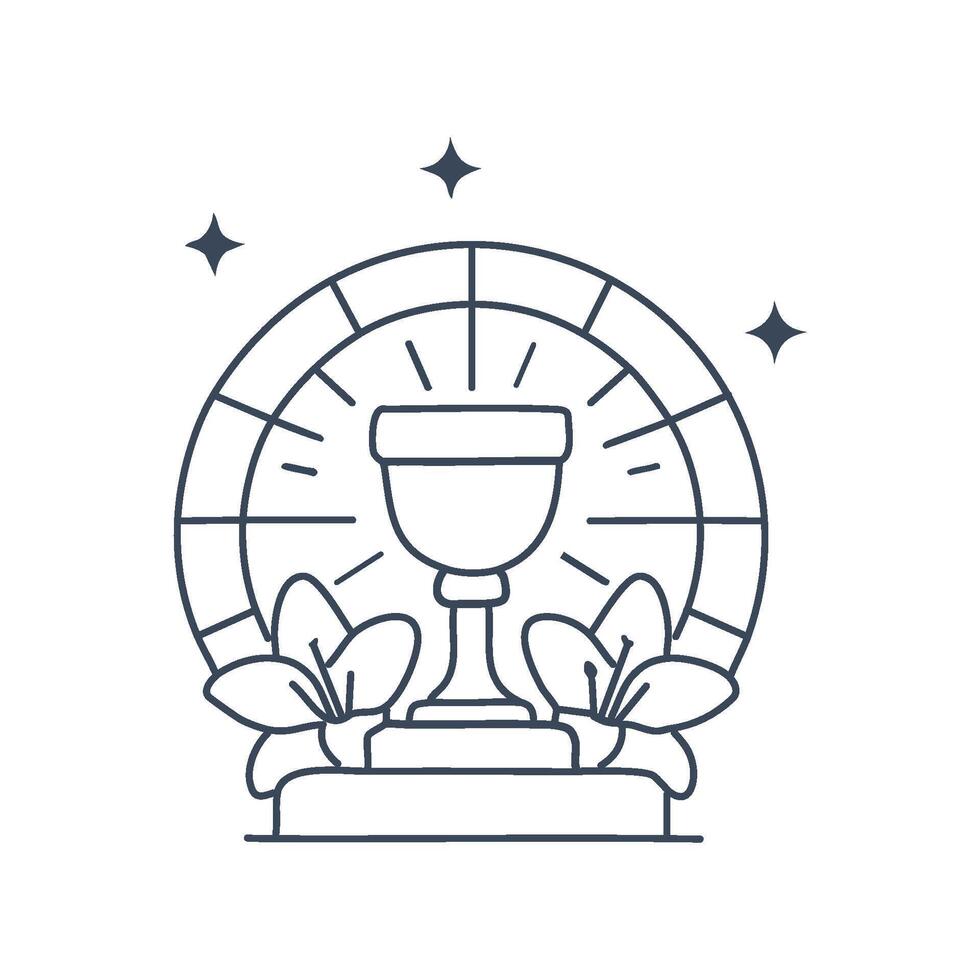 A bronze chalice resting on a stone altar surrounded by small, white lilies. Sunlight streams through stained glass windows in the background vector