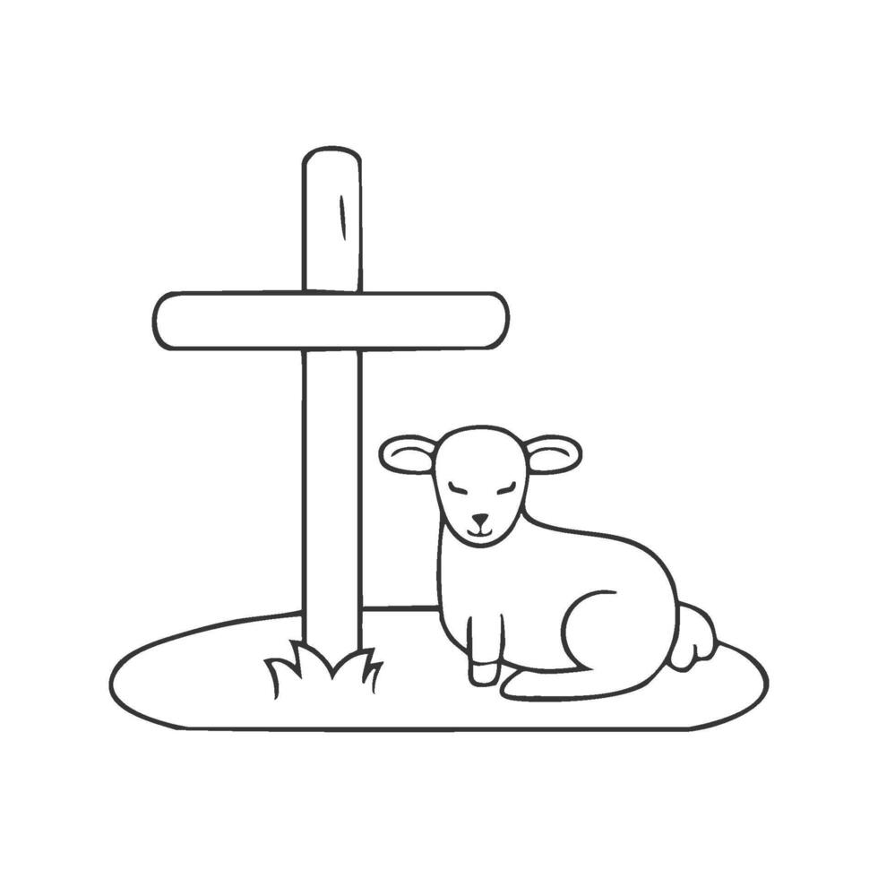 A peaceful lamb, outlined in clean, simple lines, sitting in a grassy field with a wooden cross standing beside it. vector