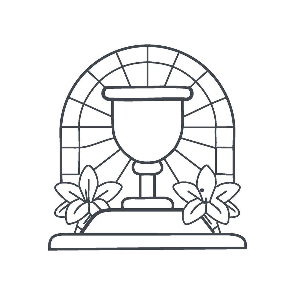 A bronze chalice resting on a stone altar surrounded by small, white lilies. Sunlight streams through stained glass windows in the background vector