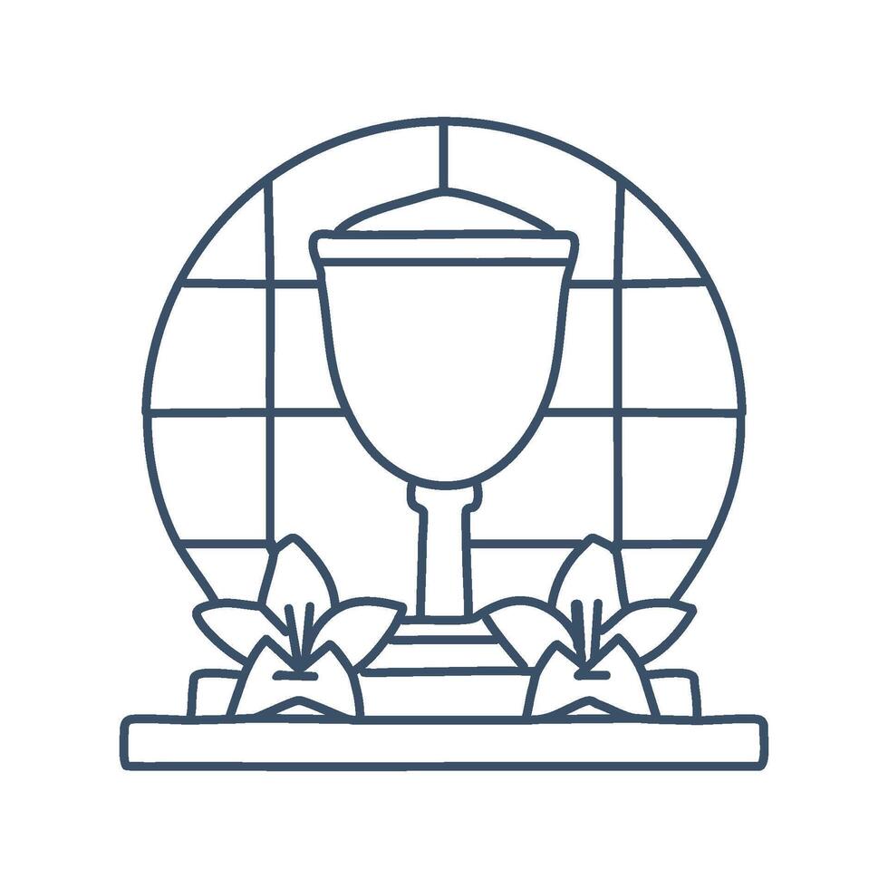 A bronze chalice resting on a stone altar surrounded by small, white lilies. Sunlight streams through stained glass windows in the background vector