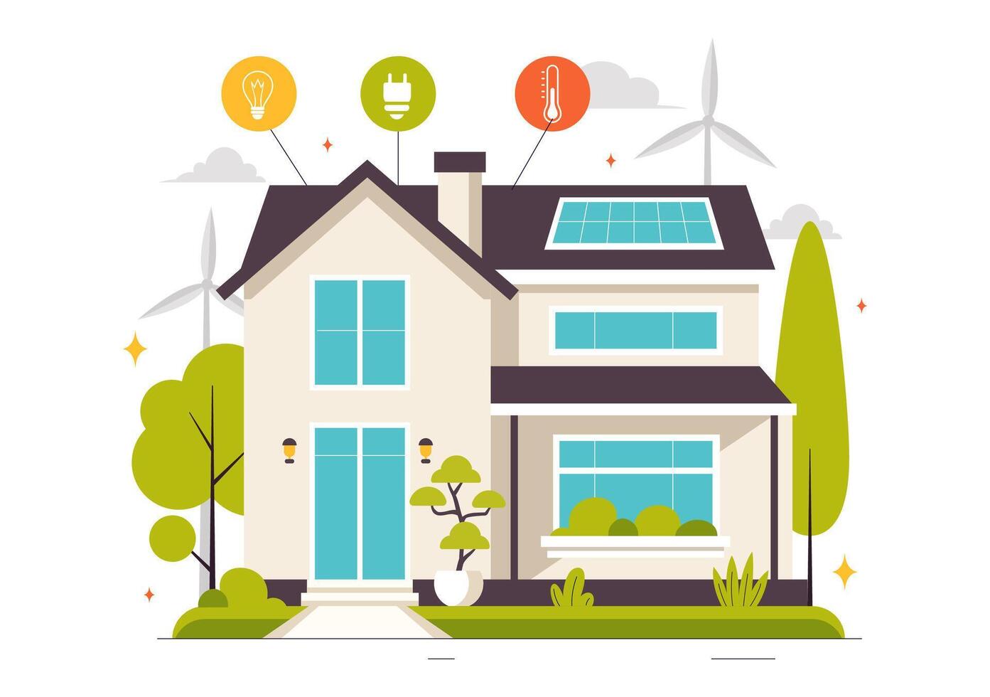 Centralized Control System of Energy-Efficient Smart Home Technology in Flat Design vector