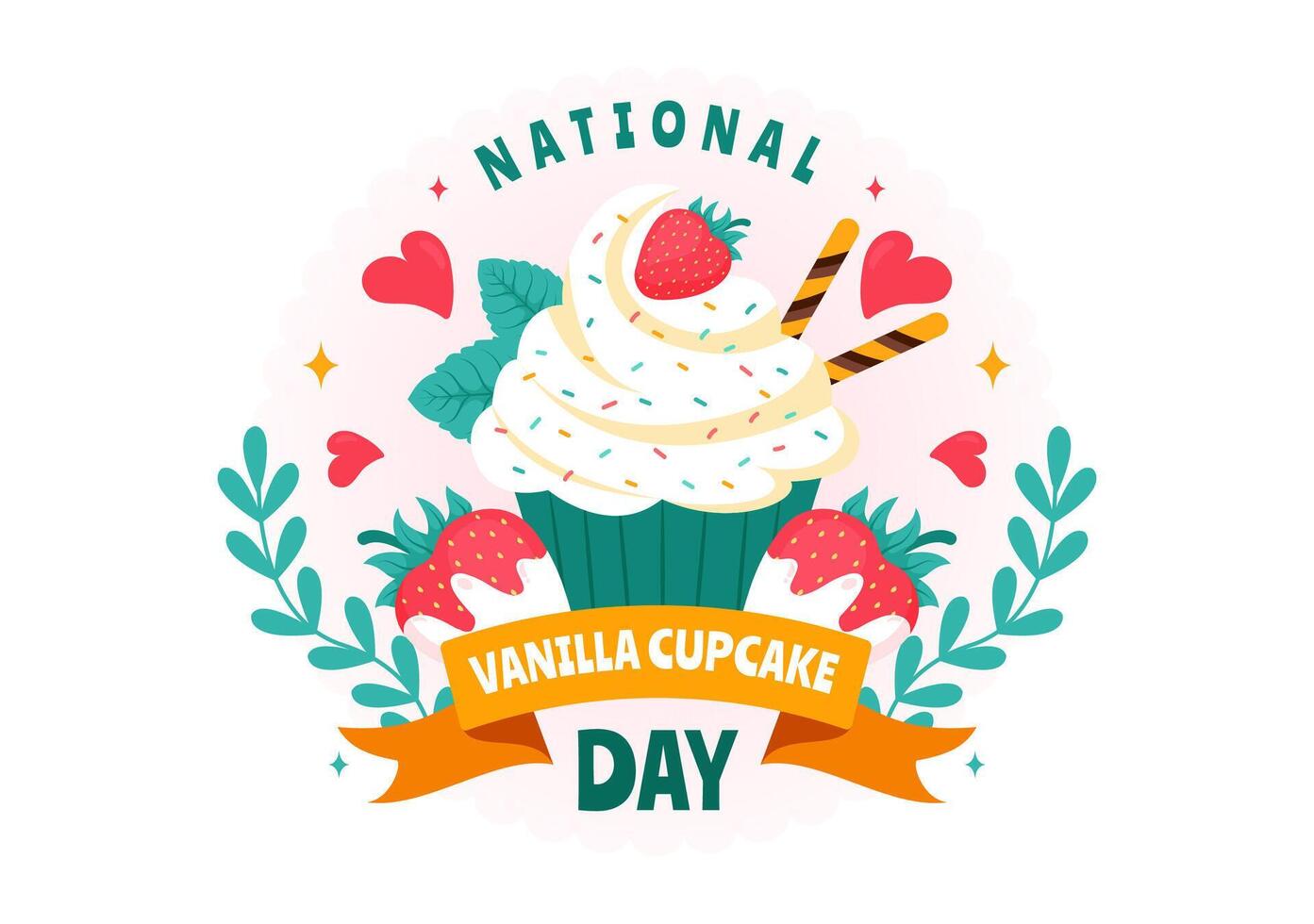 Cute Vanilla Cupcake Art for National Cupcake Day with Toppings in Flat Background vector