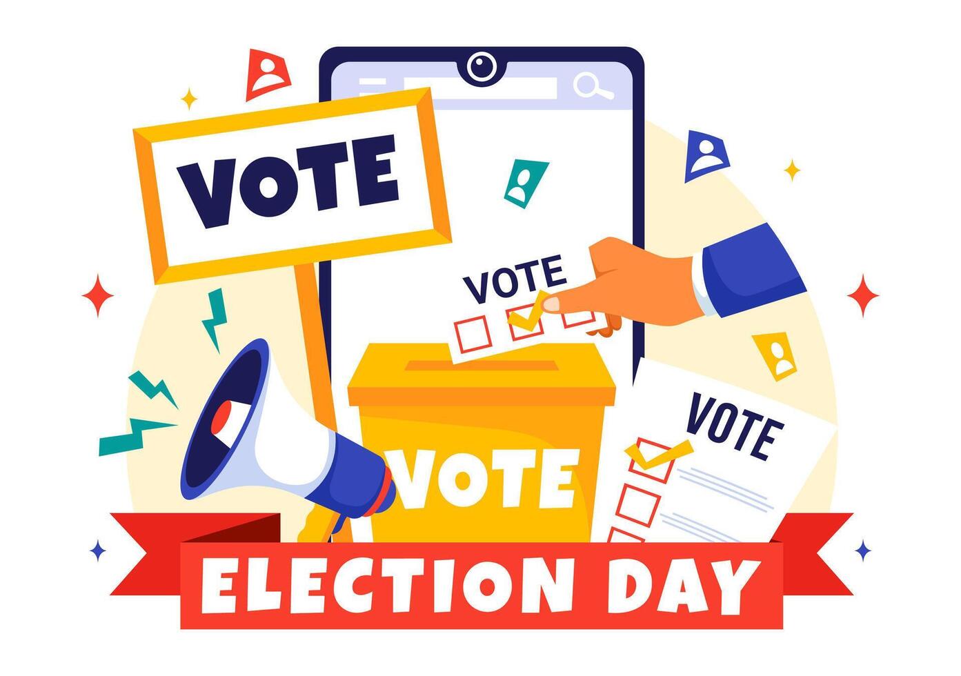 Voting Day Political Illustration with Ballots Being Cast at Polling Centers Worldwide in Flat Cartoon Style vector