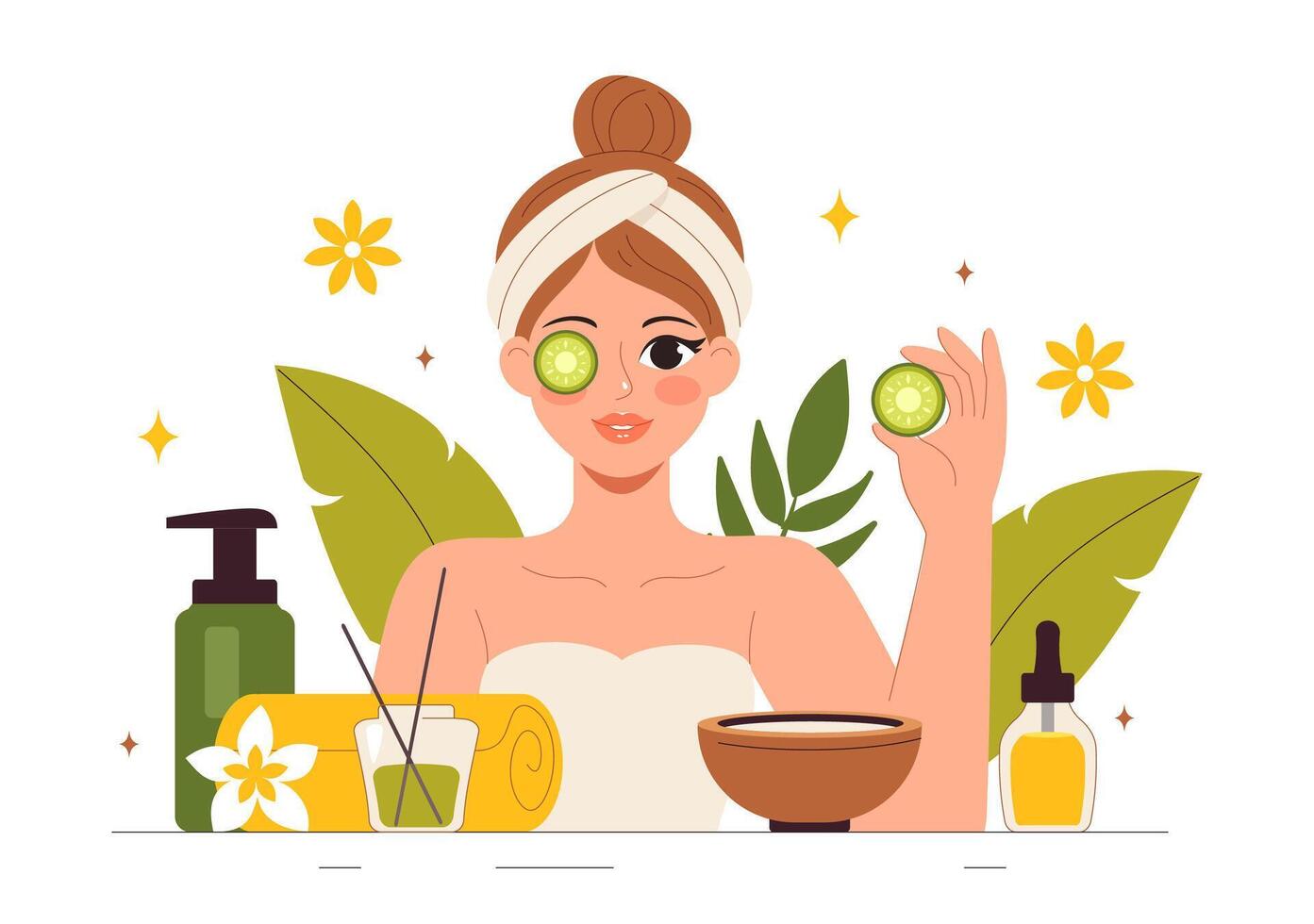 Illustration of Natural Beauty and Skincare for Spa Treatments in a Feminine Cartoon Background vector