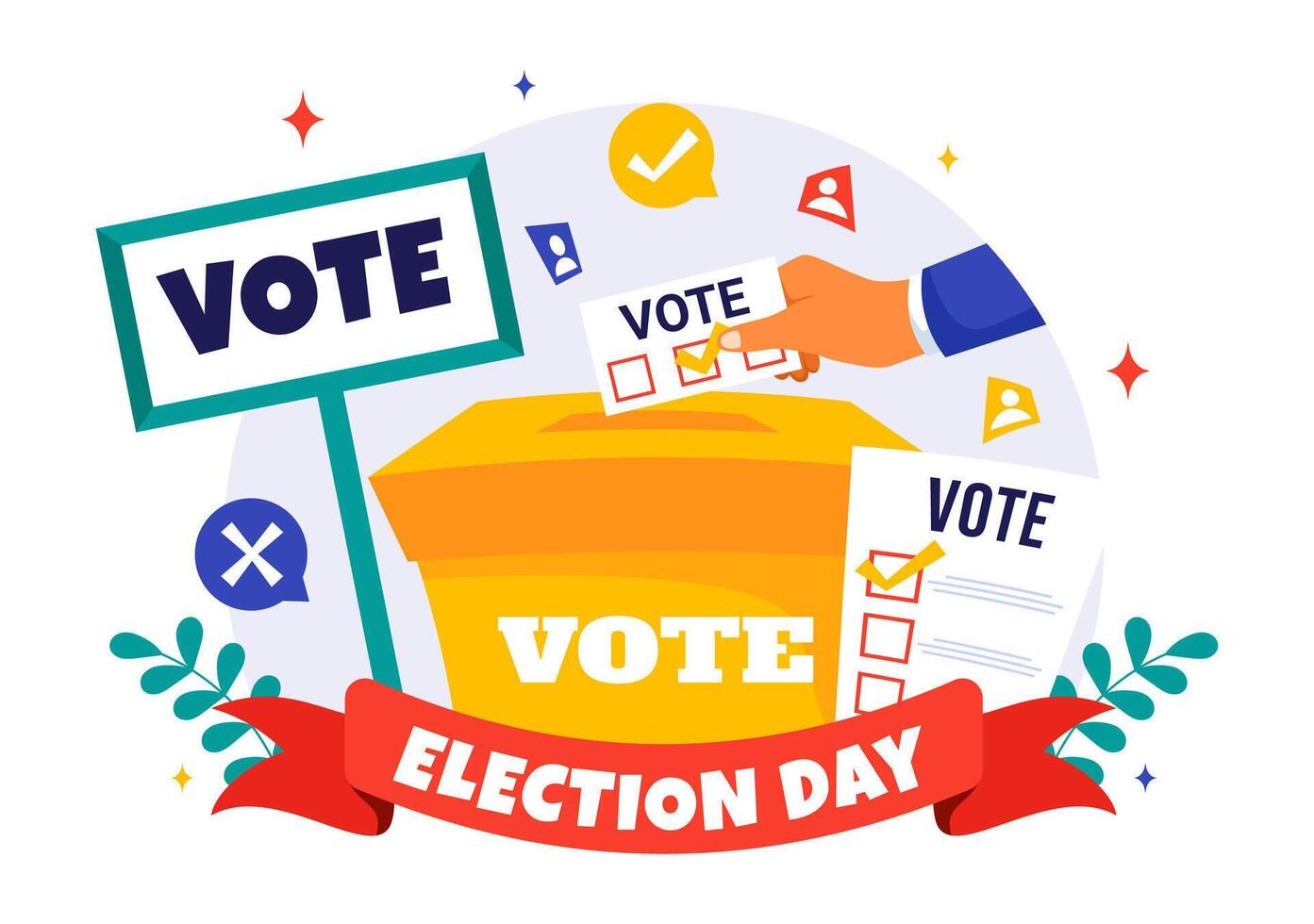 Global Polling Station Illustration with Voters Dropping Ballots in Flat Style Background vector