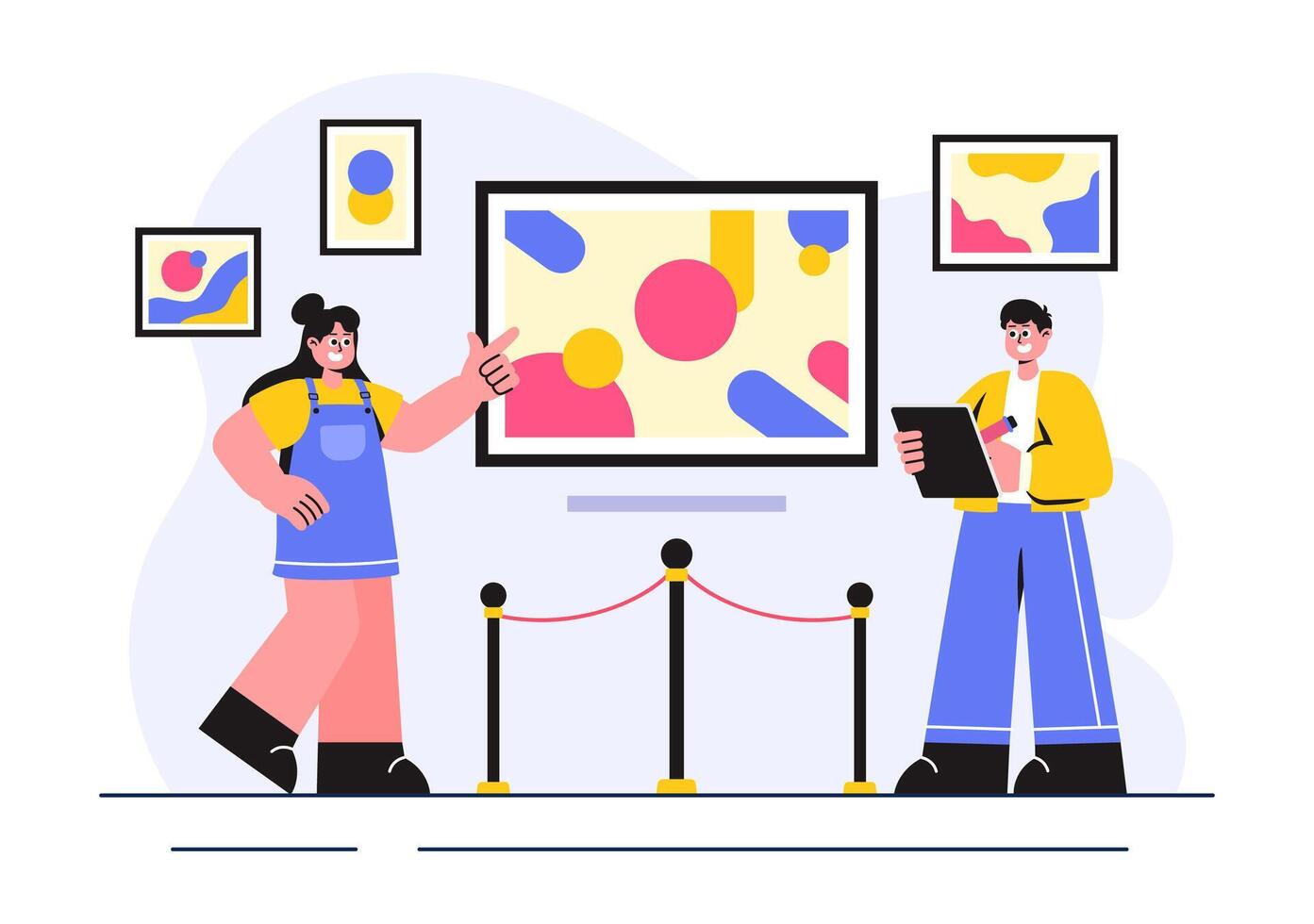 Art Lovers Visiting a Museum Exhibition of Abstract Paintings Illustration with a Flat Background vector