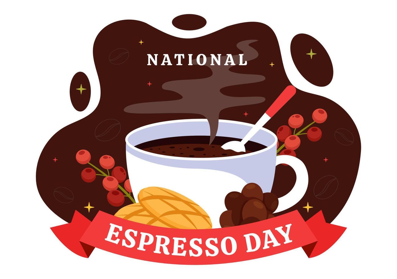 of National Espresso Day with Coffee and Beans in Flat Cartoon Style vector