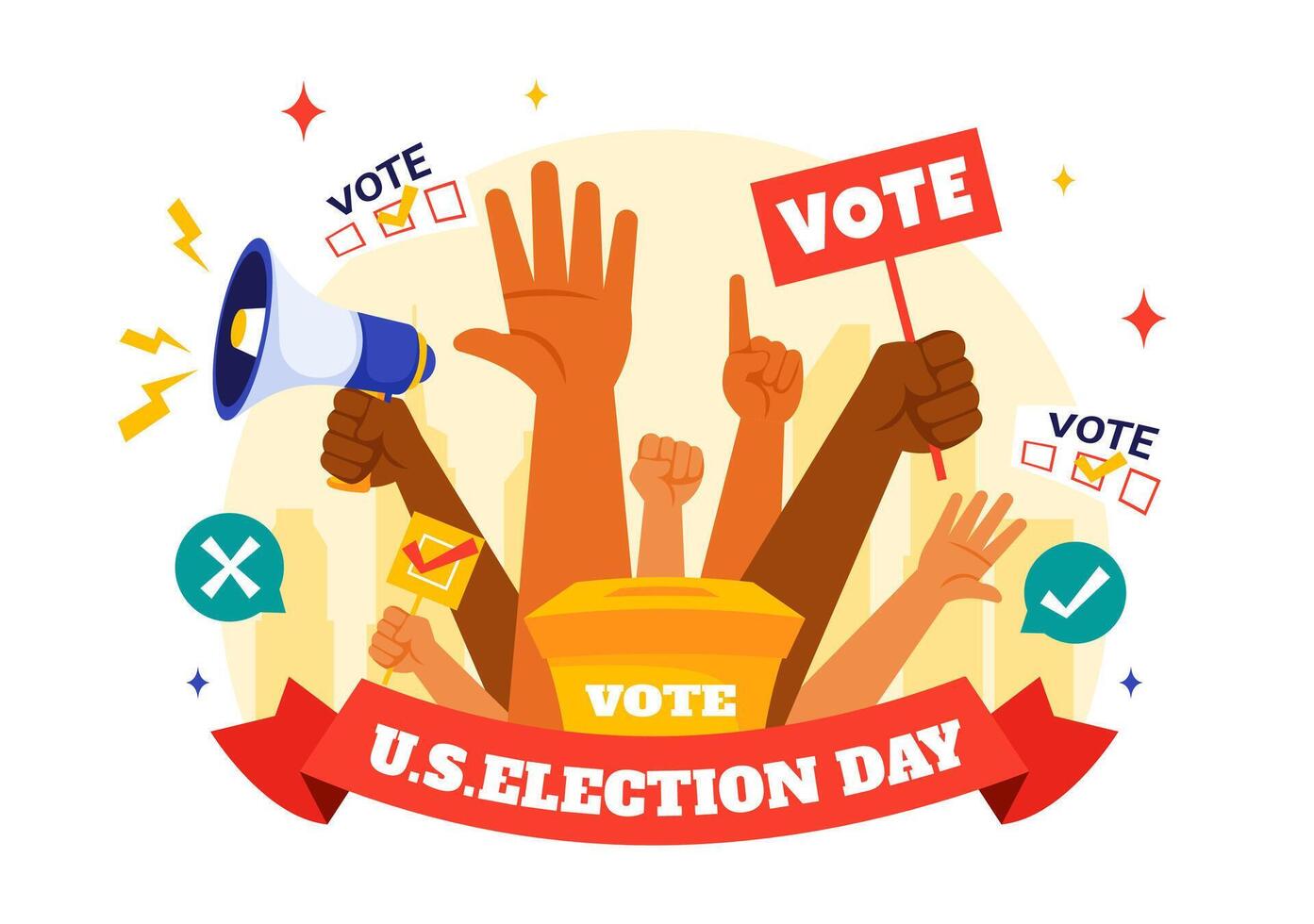 Global Election Day Illustration of Voters Submitting Ballots at Polling Stations in Flat Style vector