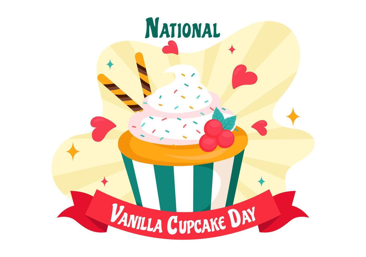 Cartoon Illustration for Vanilla Cupcake Day Featuring Toppings and Creamy Decor vector