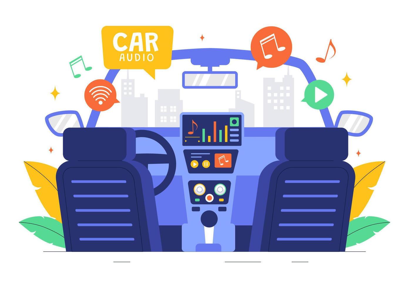 Music-Themed Car Audio Illustration with Speakers and Sound Systems in a Flat Background vector