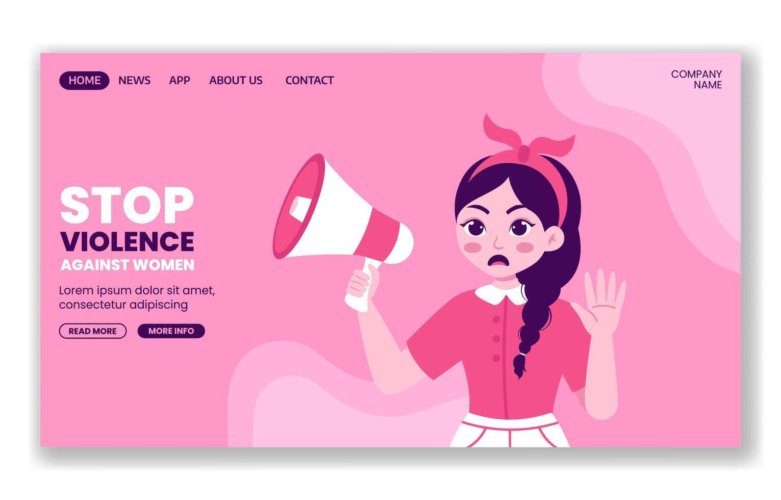 Flat Cartoon Social Media Landing Page Template on Women's Rights and Violence Prevention vector