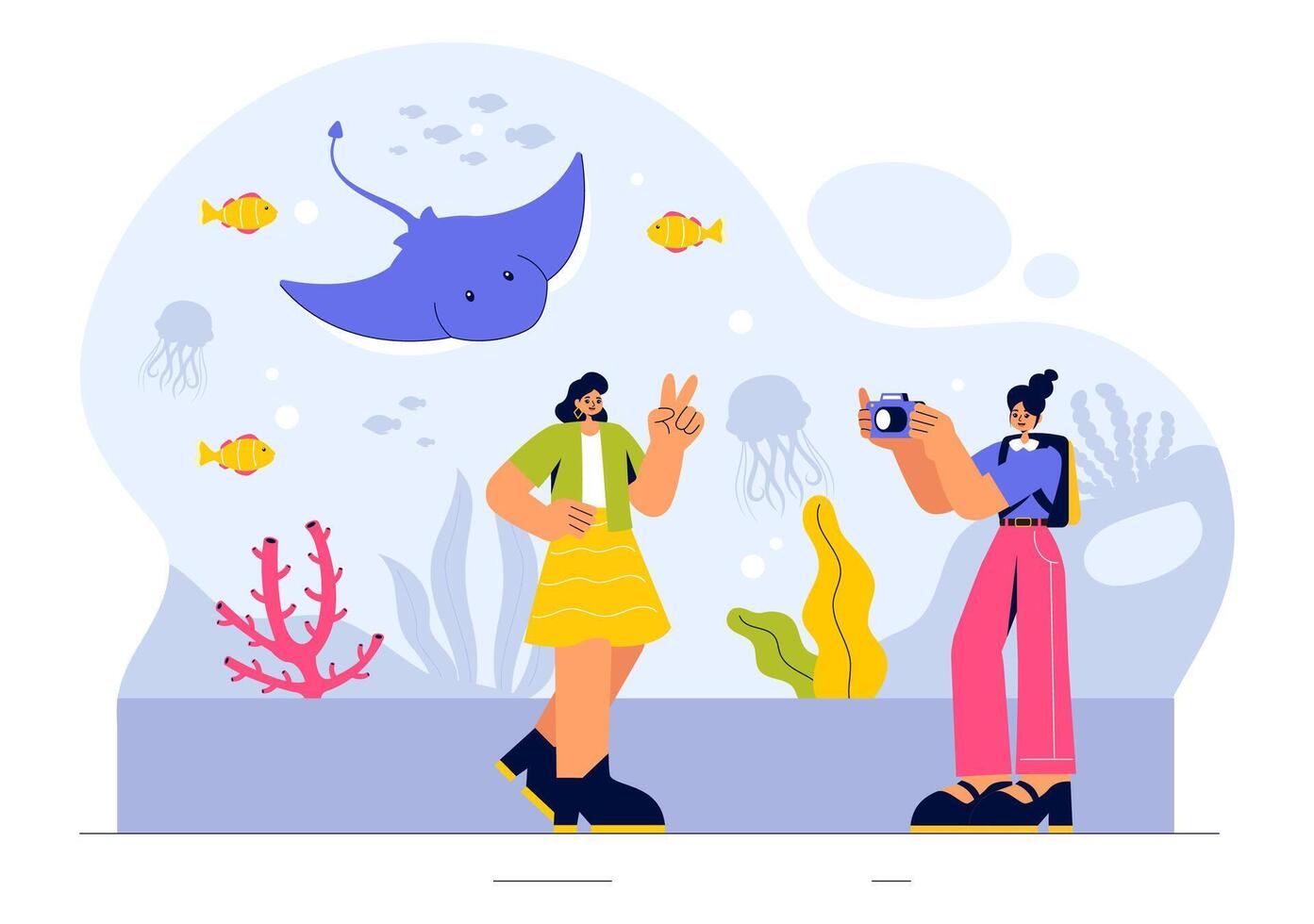Underwater Aquarium Scene Illustration with Fish, Sea Creatures, and Marine Plants in a Flat Cartoon Background vector