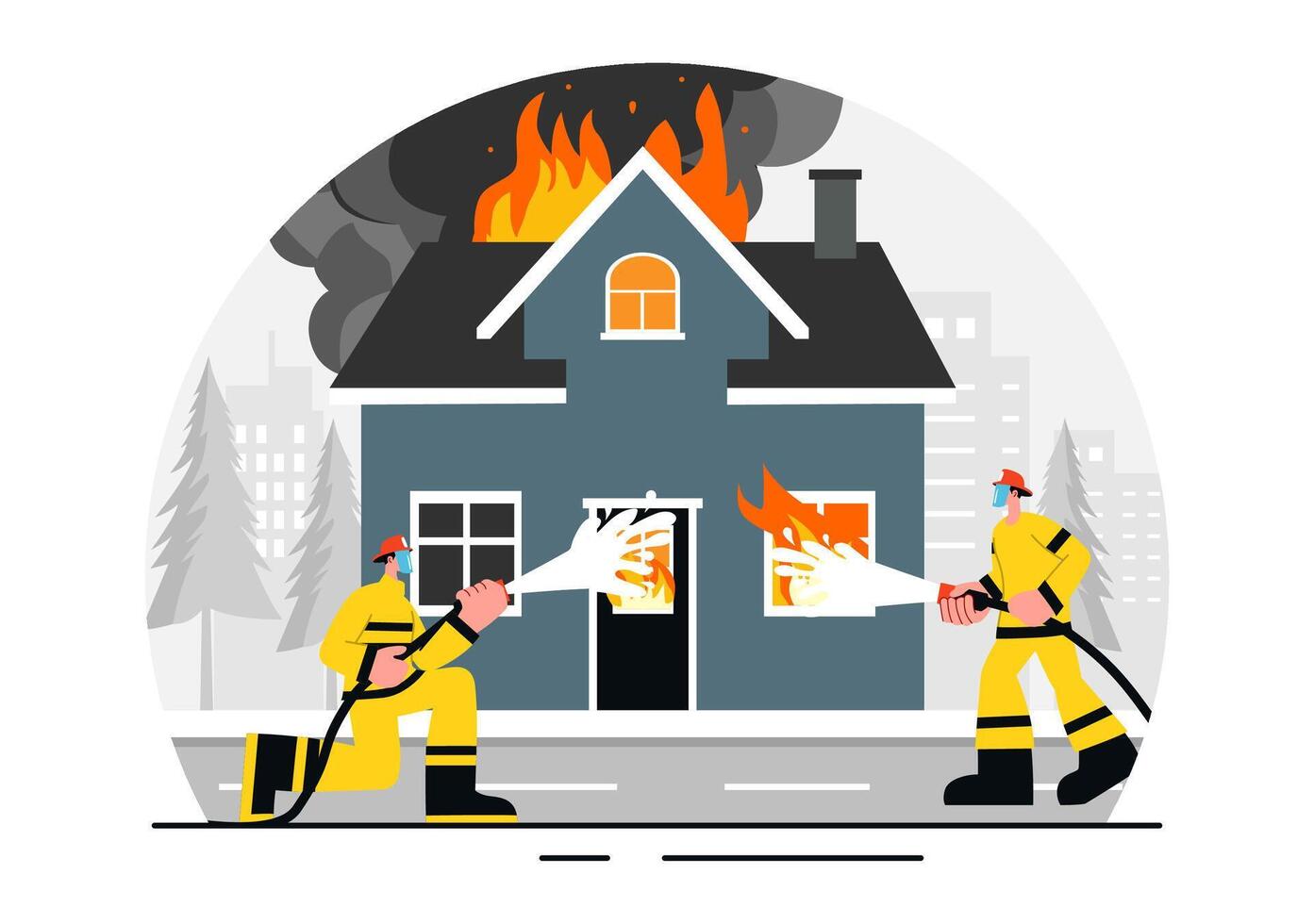 Emergency Response Firefighters Extinguishing Fire and Rescuing People in a Flat Style Background vector