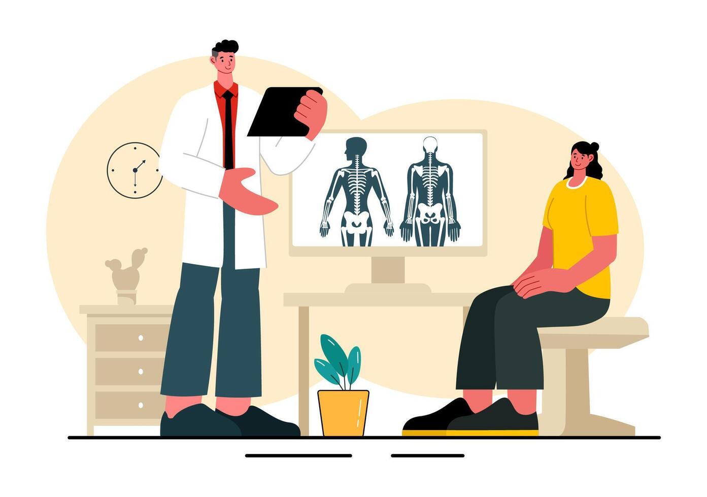 Spine Adjustment Illustration Showing a Chiropractor Helping a Patient with Back Pain Relief in Flat Style vector