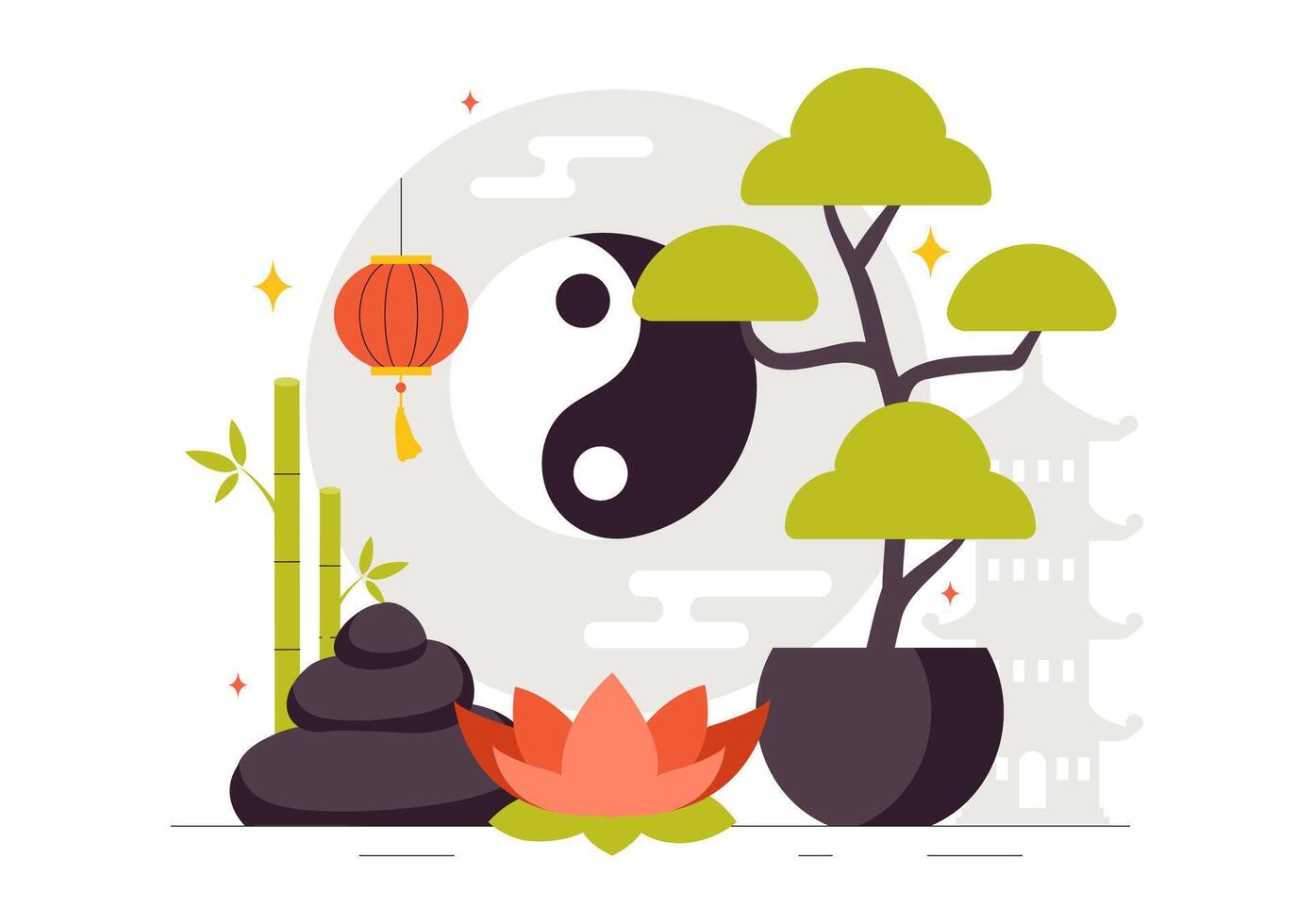 Feng Shui Harmony Illustration with Stones, People, and Plants for Balance and Positive Energy vector
