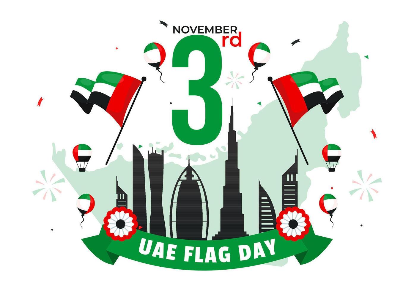 UAE Flag Day Design with National Flags and Flat Style Ornaments for November 3rd Celebration vector