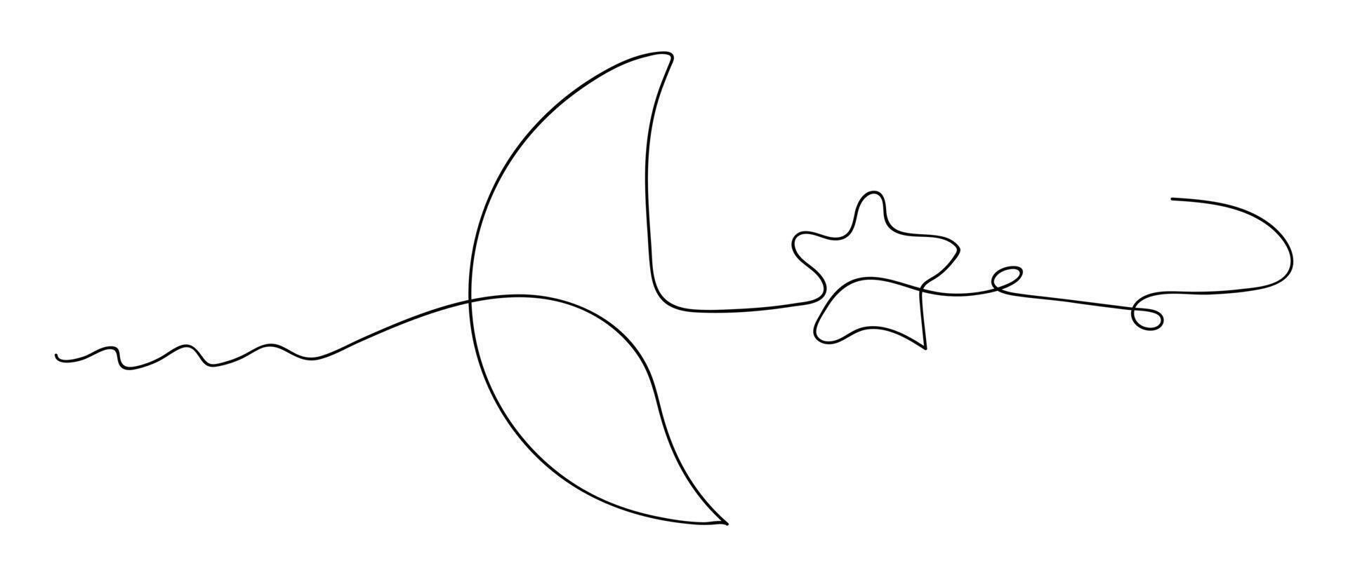 Moon and star drawn in one continuous line. One line drawing, minimalism. illustration vector