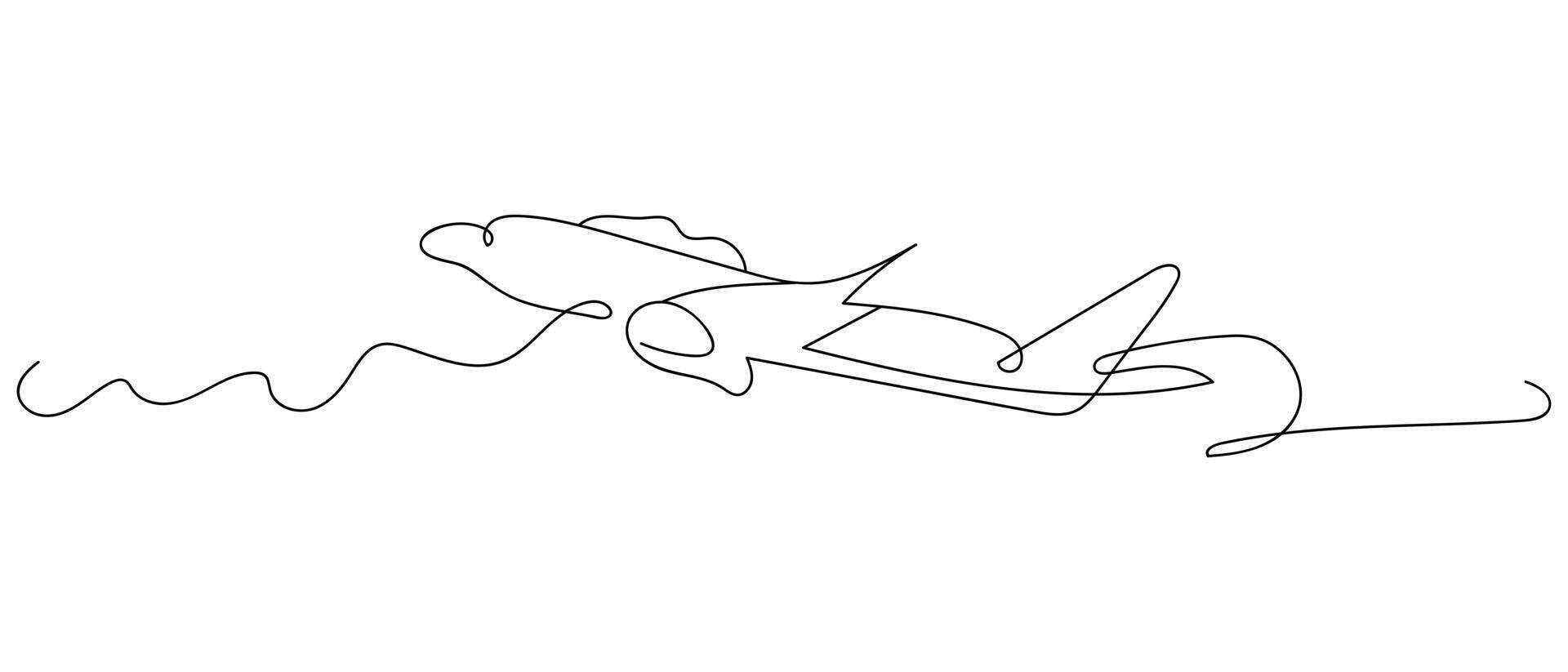 One continuous line drawing of Airplane path. Business Concept of world travel and international flight airline in simple linear style. Air plane trip in Editable stroke. Contour illustration vector