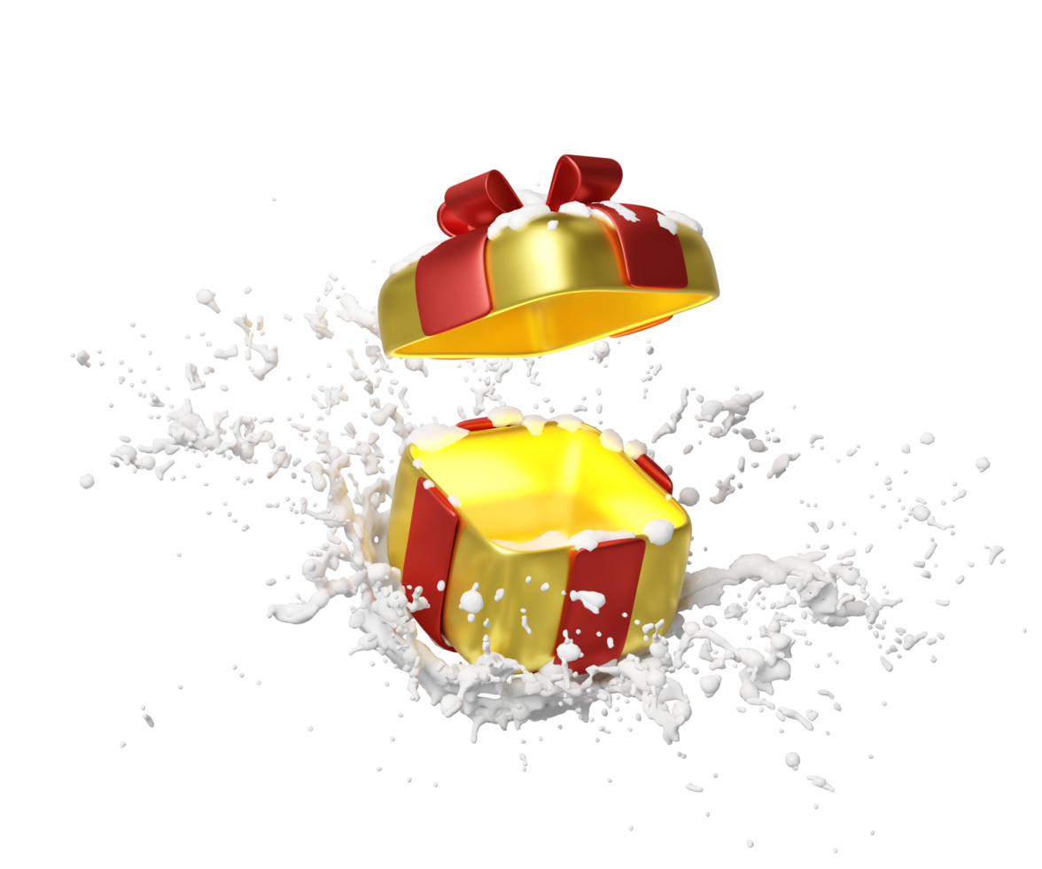open gift box empty with bow, ice splash isolated. merry christmas and new year day concept, minimal abstract, 3d illustration render png
