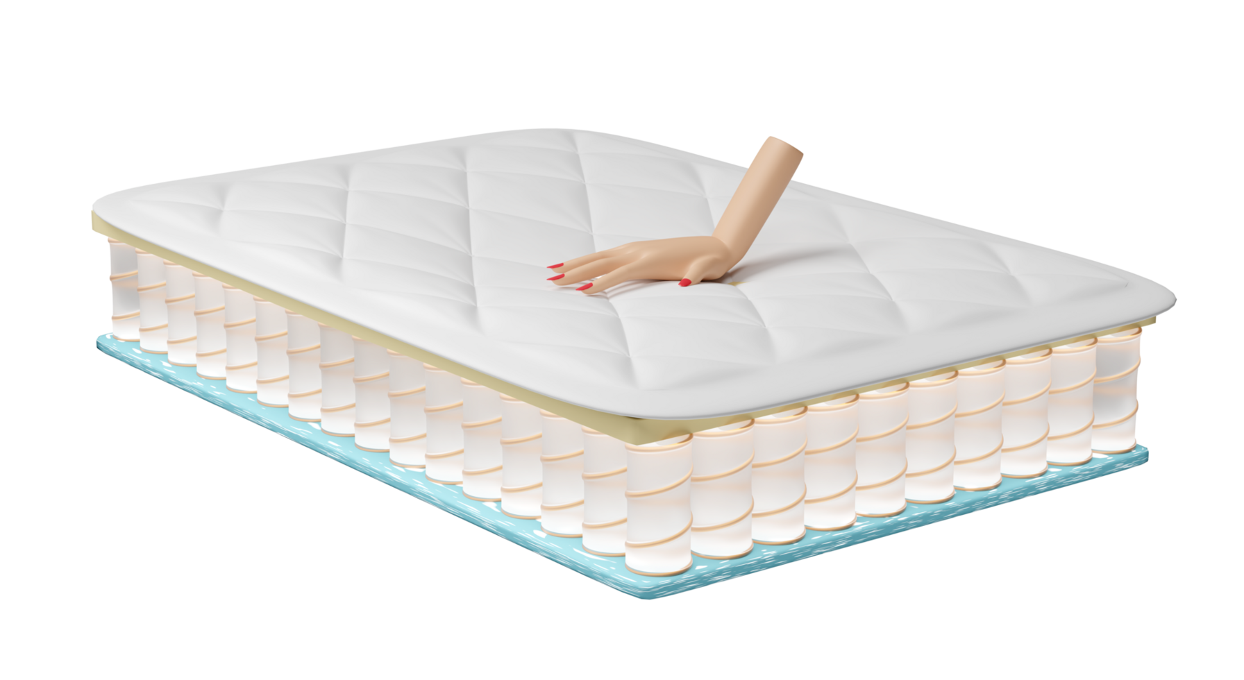 Hand pressed on soft bed with layered sheet material mattress, air fabric, pocket springs, natural latex isolated. 3d render illustration png