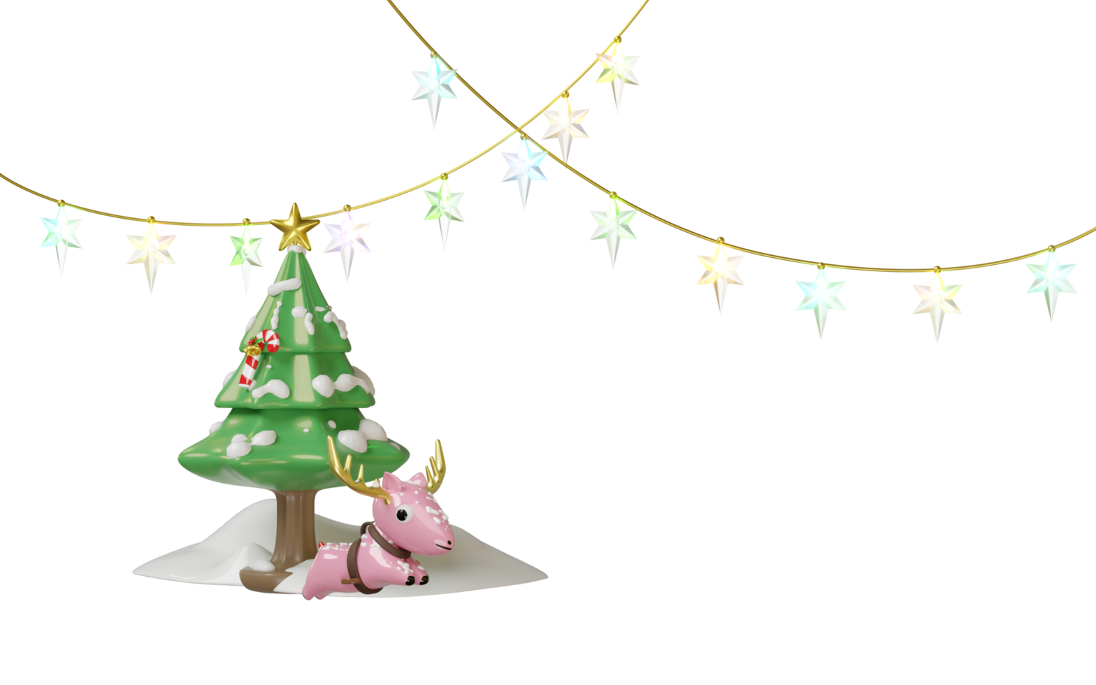 Merry Christmas and Happy New Year with clear glass lantern garland, star decoration, deer, christmas tree isolated. 3d render illustration png