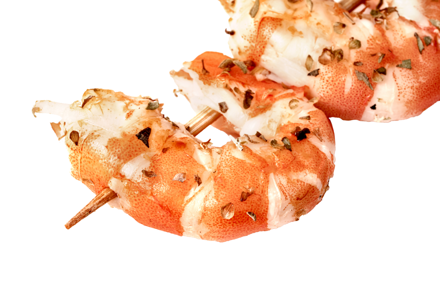 closeup roasted peeled prawn with skewer isolated png