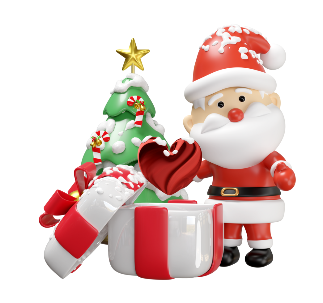 3d Santa claus with heart, open gift box, christmas tree isolated. poster or happiness cards, merry christmas, festive New Year concept, 3d illustration render png