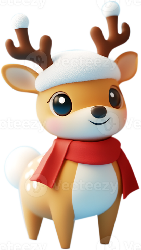 Cute 3D plastic Santa's deer character wearing red scarf. Isolated 3D object. png
