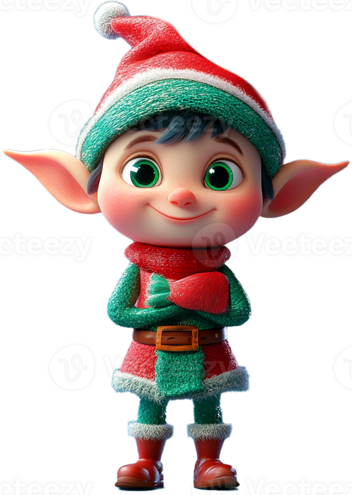 Cute 3D plastic Santa's helper elf character. Isolated 3D object. png