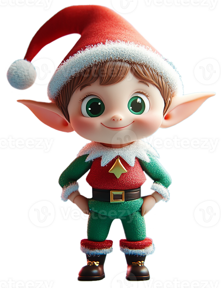 Cute 3D plastic Santa's helper elf character. Isolated 3D object. png