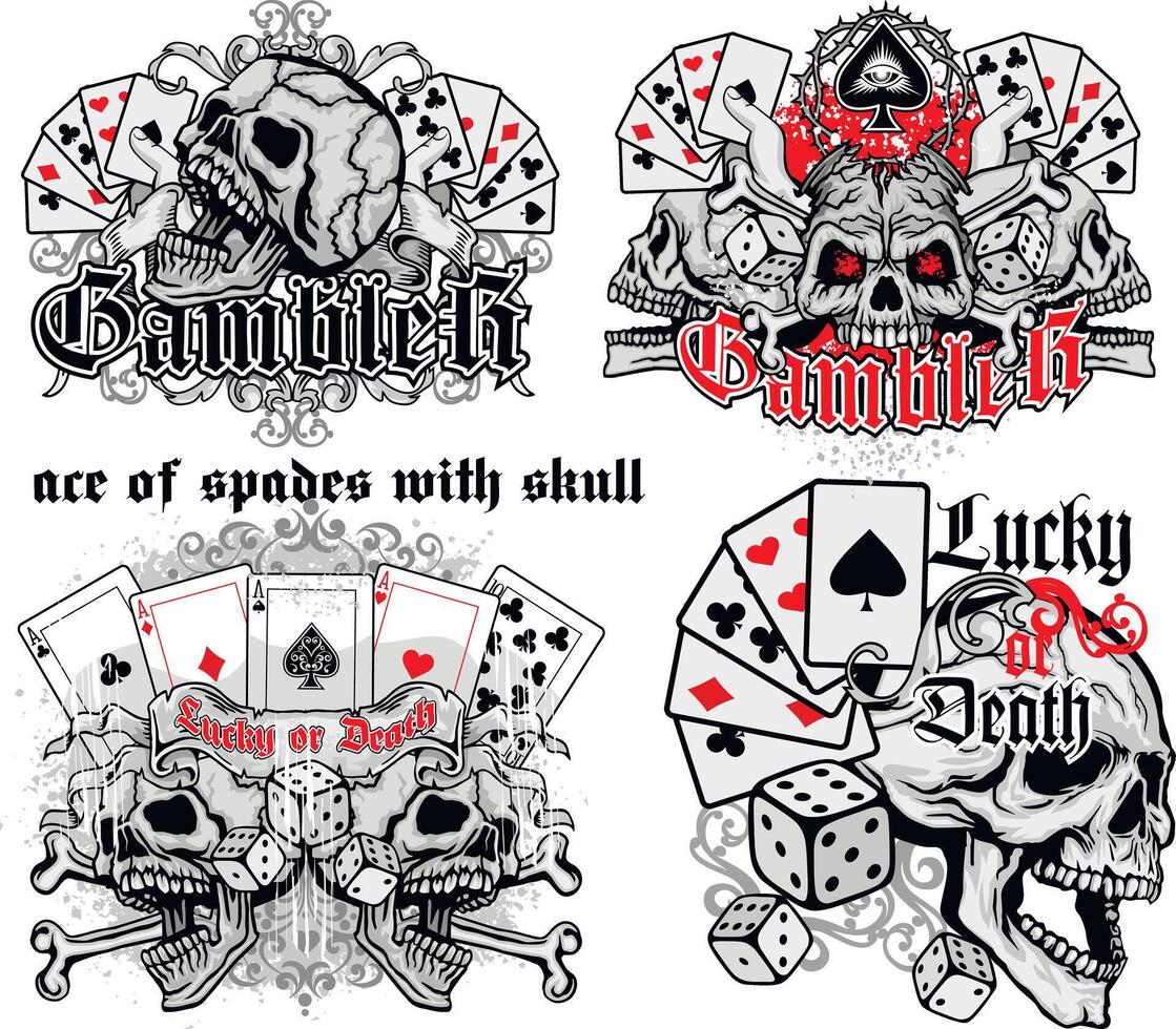 set, poker,playing card with skull vector