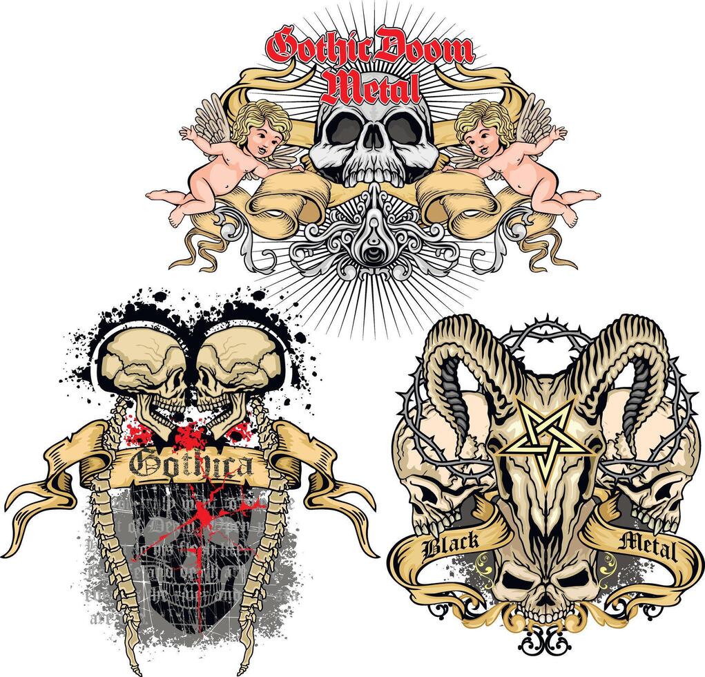 set skulls and cute angels vector