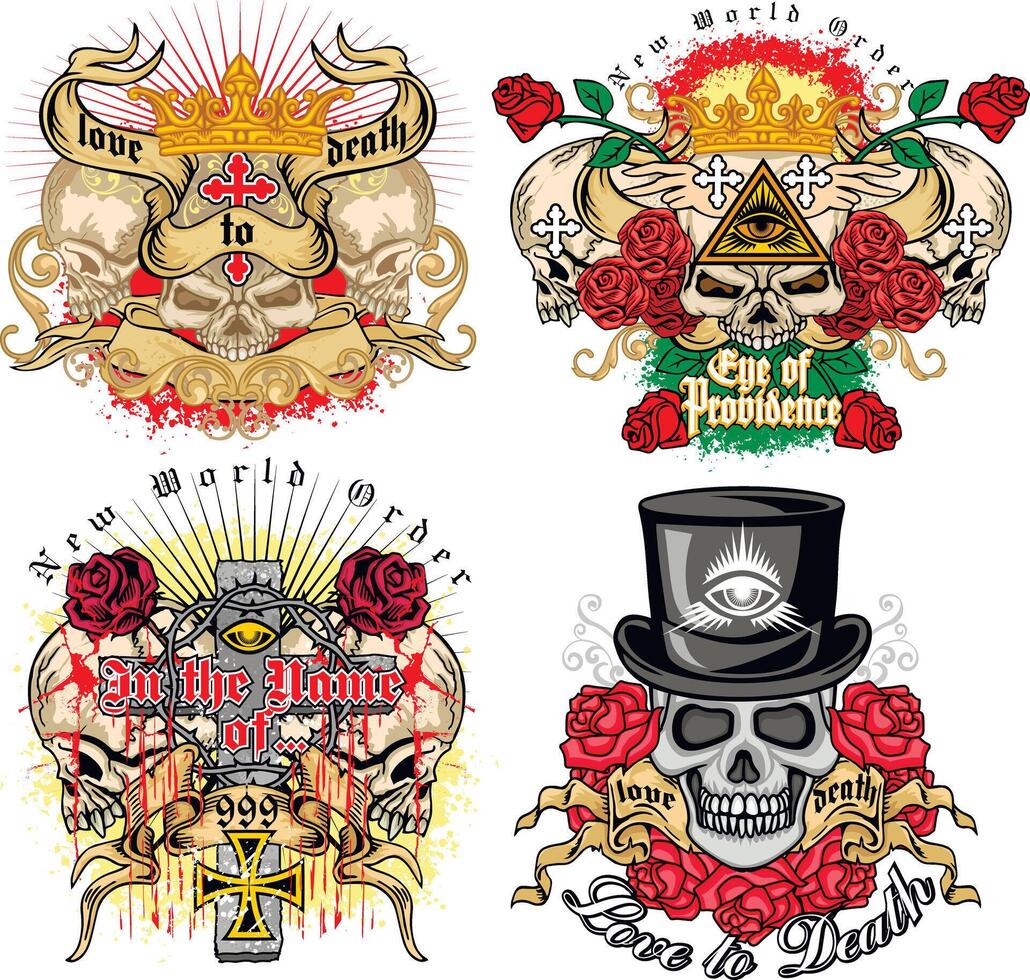 set, gothic sign with skull and roses, grunge vintage design t shirts vector