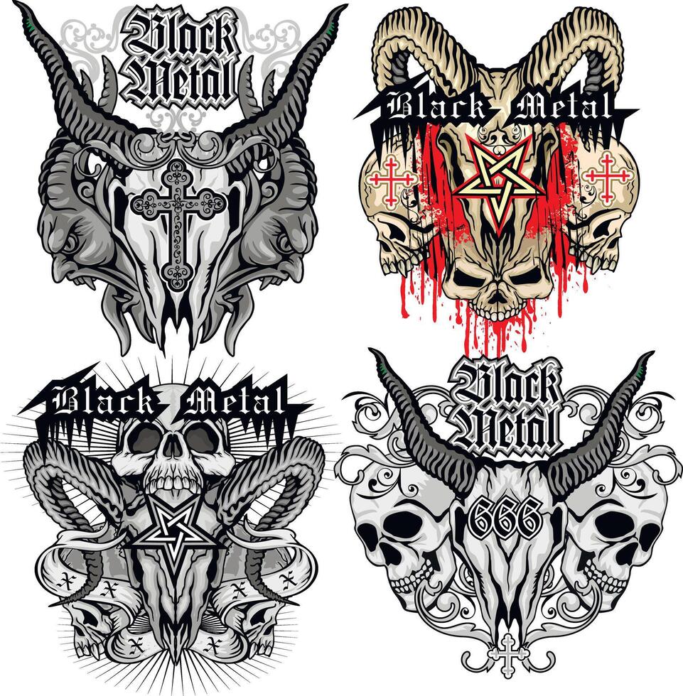 set, grunge horned skulls vector