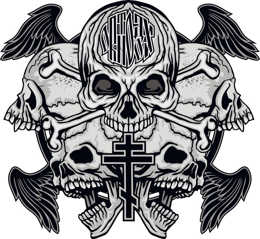 grunge five skulls and orthodox cross vector