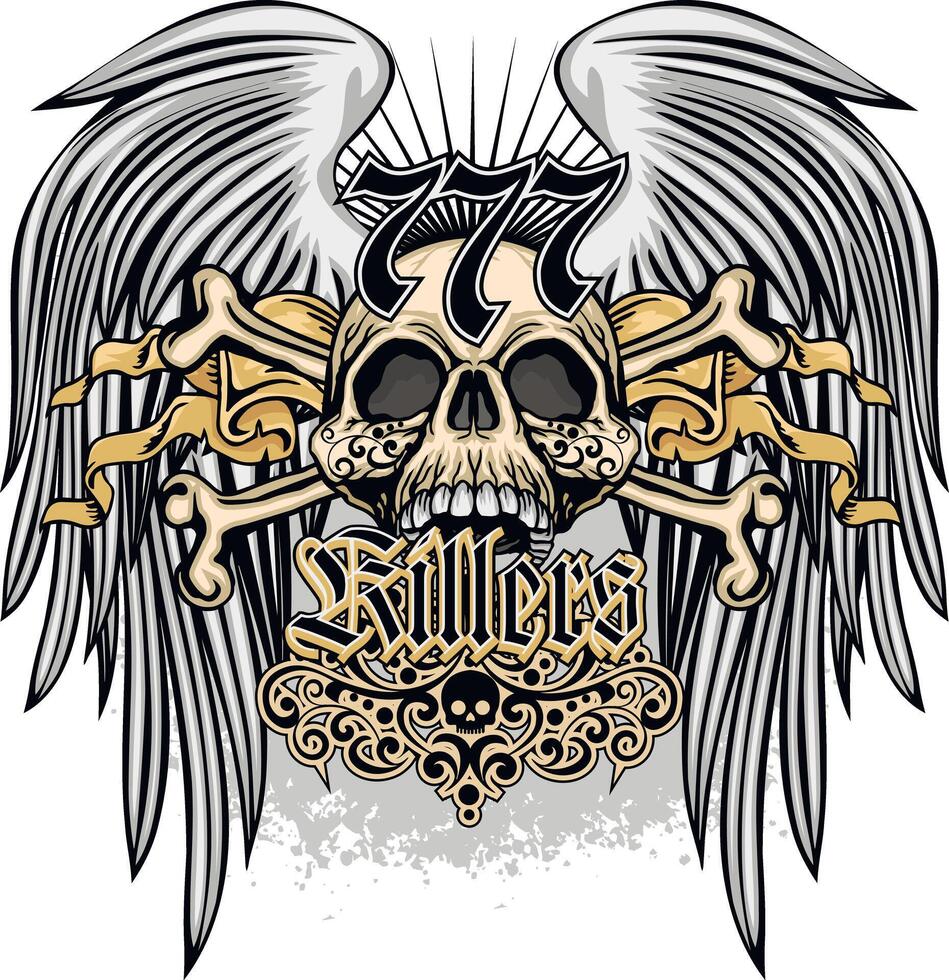 grunge skull with silver wings vector