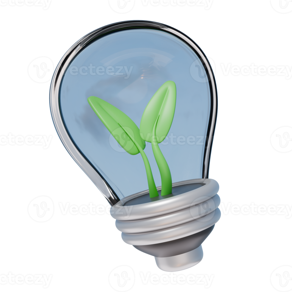 3D Render Icon Led Light Bulb with Plants. Ecology Green Energy Environment Concept. 3D Illustration Design Web Mobile App png