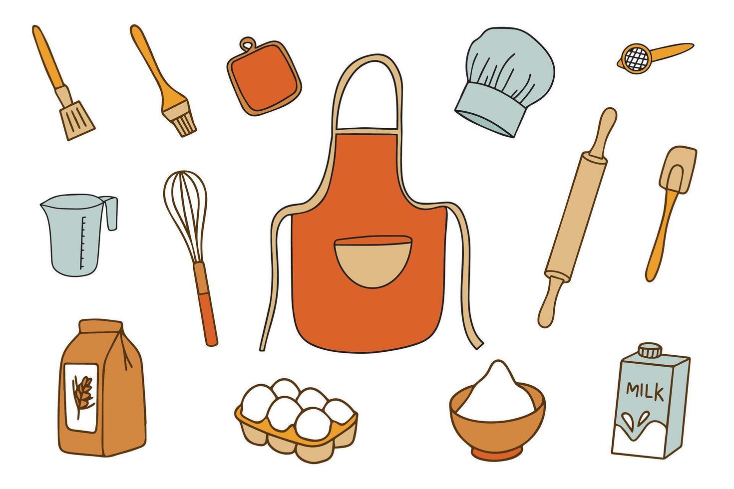 Colorful Collection of Baking Accessories. Set of Kitchen Accessories for Cooking in Doodle Style on White Background. . vector