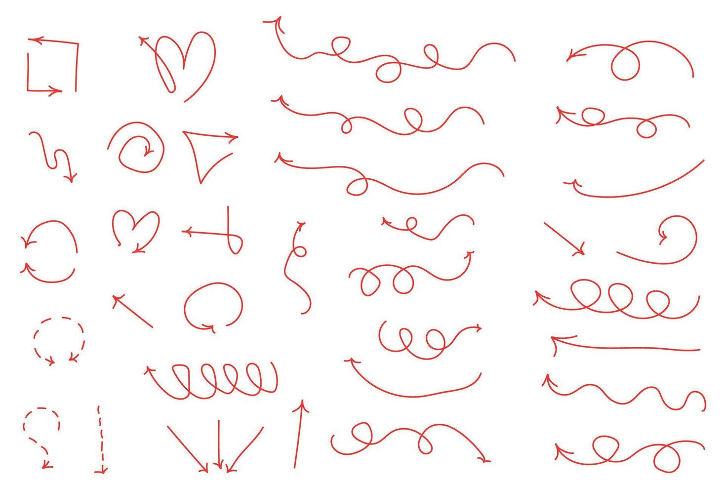 Isolated arrows, hand drawn on a white background. Straight, curved, circular, multidirectional arrows vector