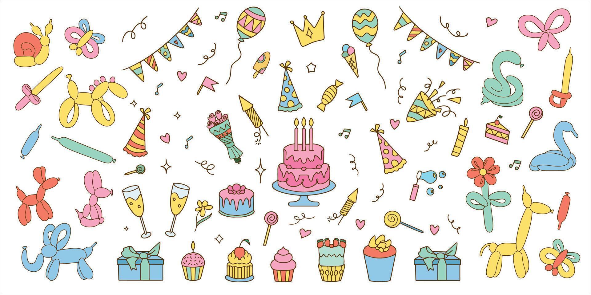 Set of colorful doodle style Happy Birthday elements isolated on white background. vector