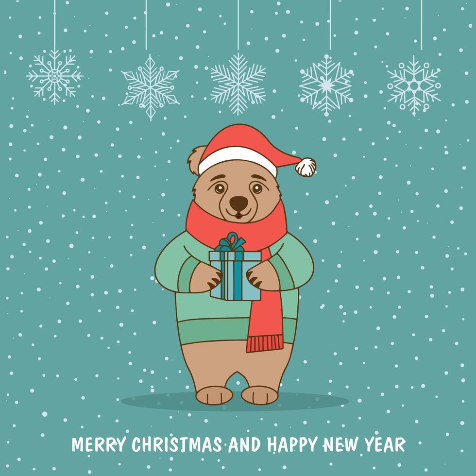 New Year card. A cute bear in a New Year's sweater with a gift in its paws. Christmas card. illustration. vector