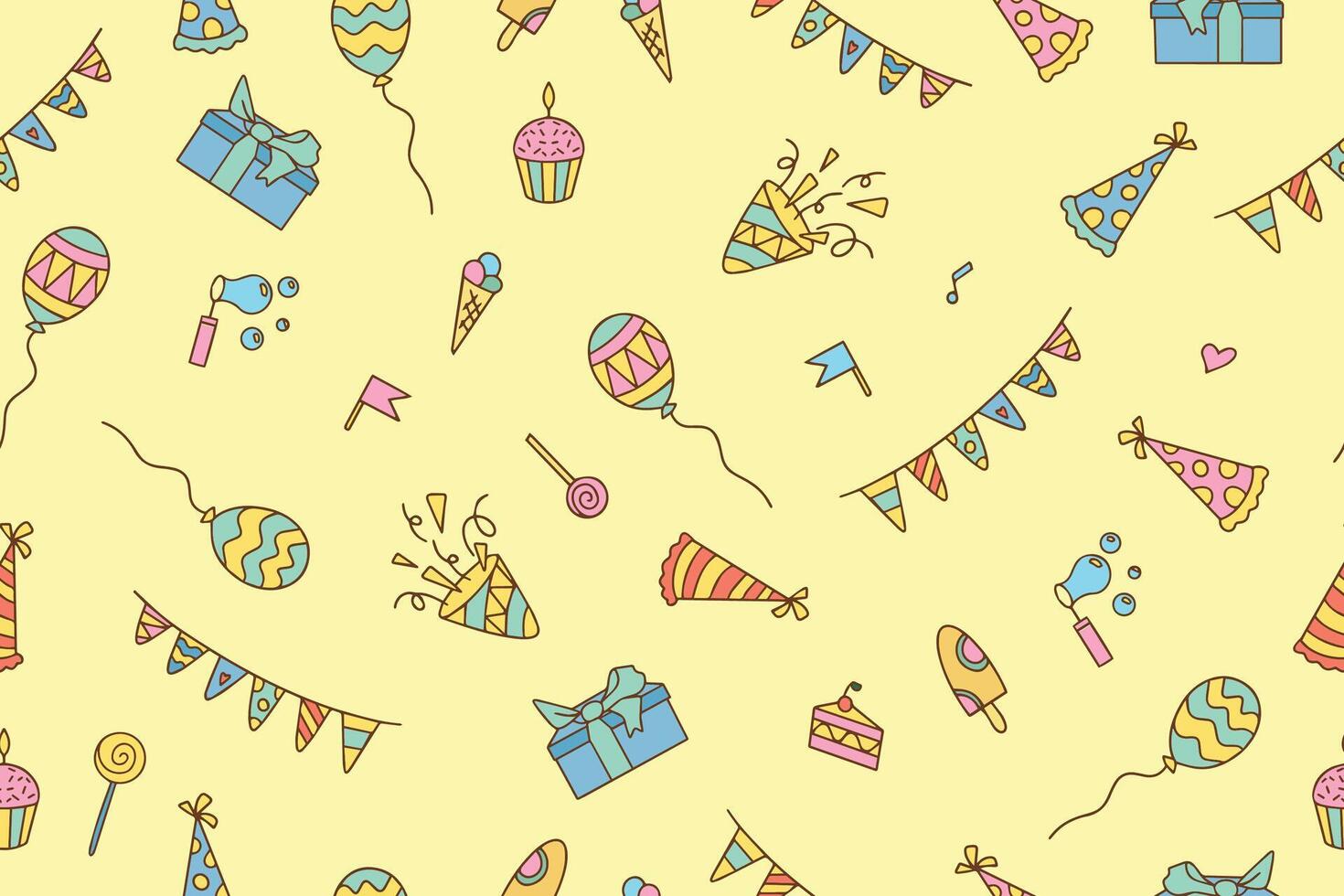 Festive seamless pattern of colorful elements in doodle style Happy Birthday, isolated on white background. vector