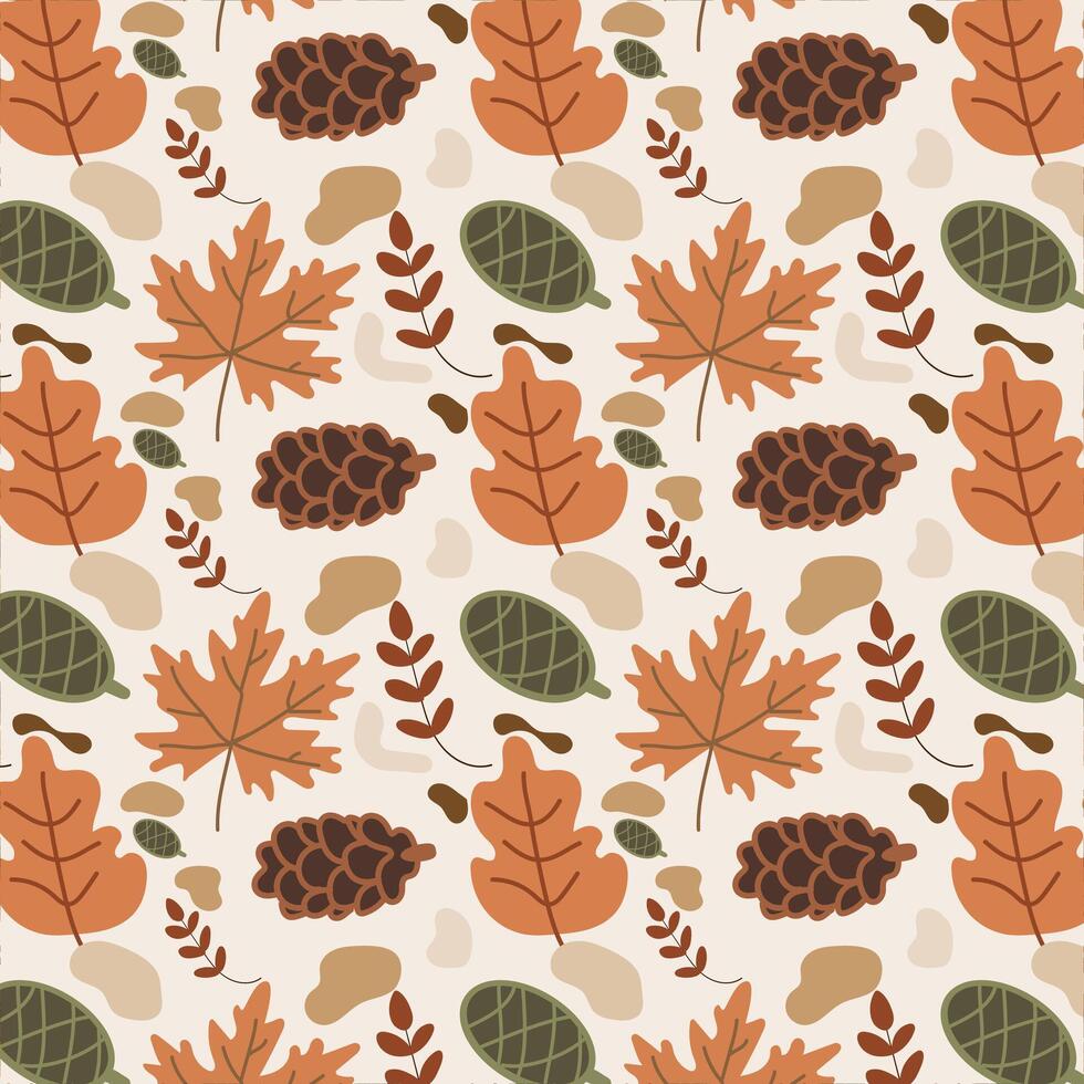 Hand Drawn Boho Autumn Illustration with Neutral Tones of Leaves, Pinecones, and Acorns vector